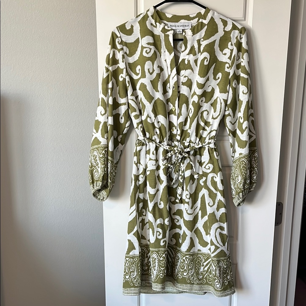 Emma & Michele Green and White Wrap Dress with Mandarin Collar